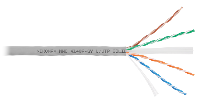 Кабель NIKOMAX U/UTP 4 пары, Кат.6 (Класс E), тест по ISO/IEC, 250МГц, одножильный, BC (чистая медь), 23AWG (0,55мм), поливинилхлорид, внутренний, серый, 305м