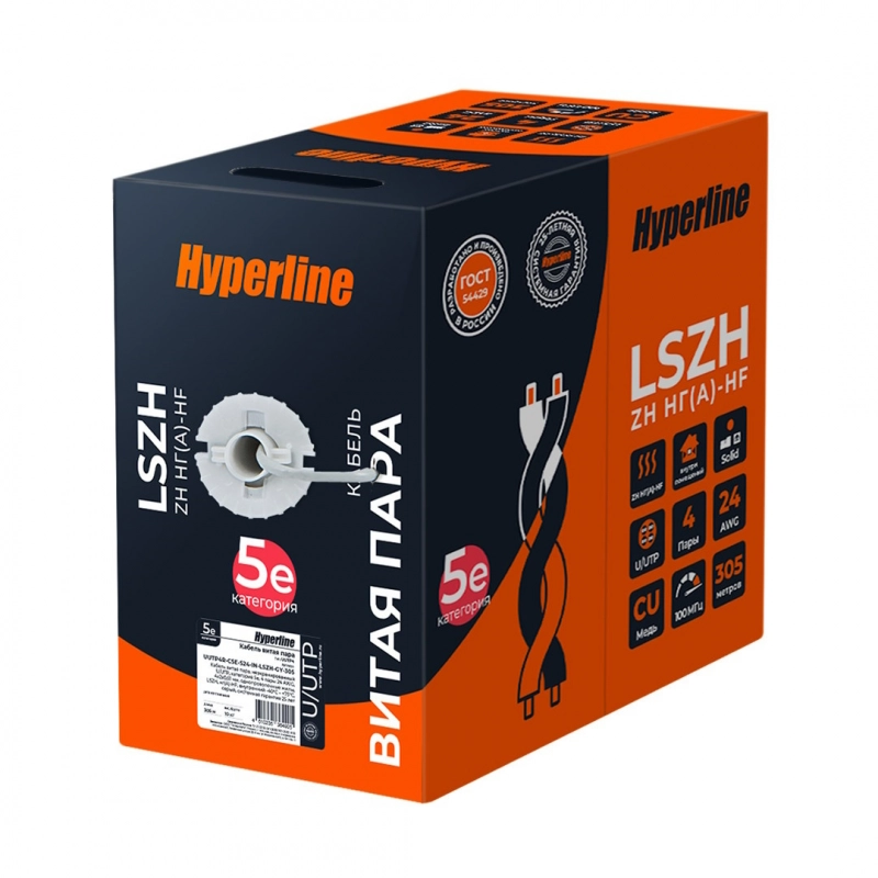 Кабель витая пара Hyperline UUTP4R-C5E-S24-IN-LSZH-GY-305